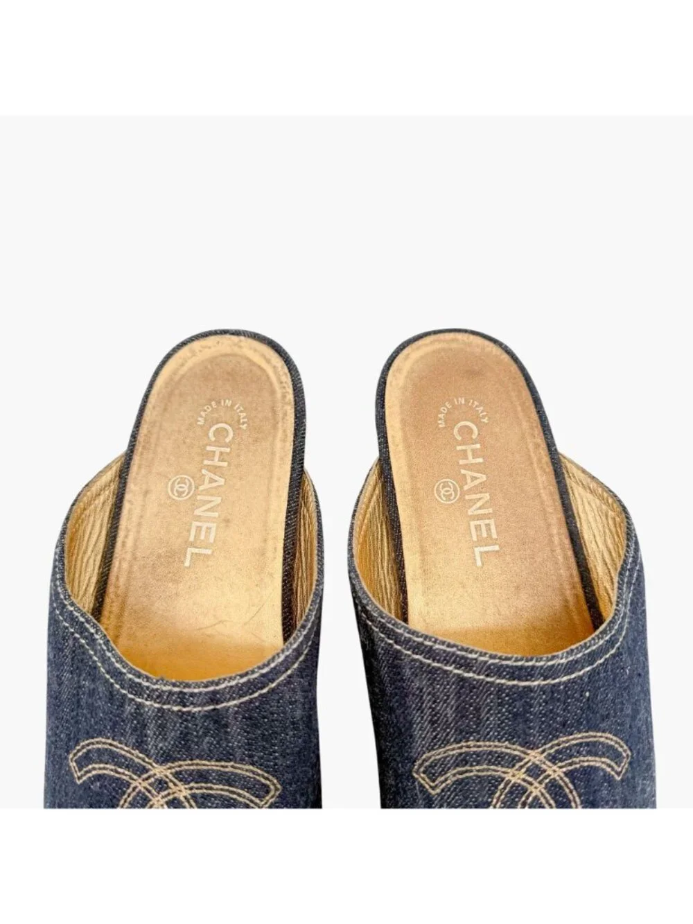 Chanel Denim CC Clogs Navy Blue Platform Mules Wooden Size 41 US 10-10.5 Women’s